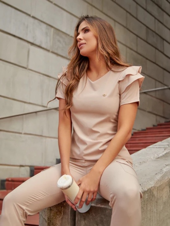 Women's Beige scrub set - Casual Utility Style - Picture 3 of 3